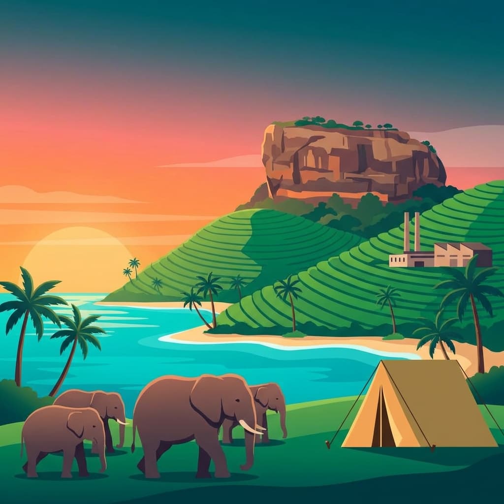 Sri Lanka camping illustration with Sigiriya, elephants, and beaches